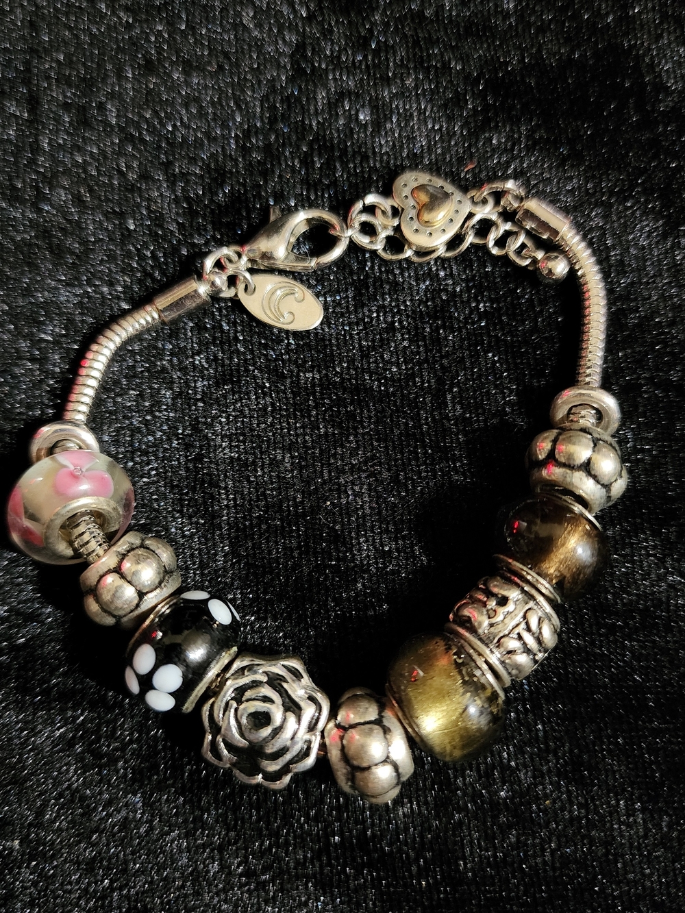 Silver-Tone Charm Bracelet with Black, Cream & Pink Glass Beads